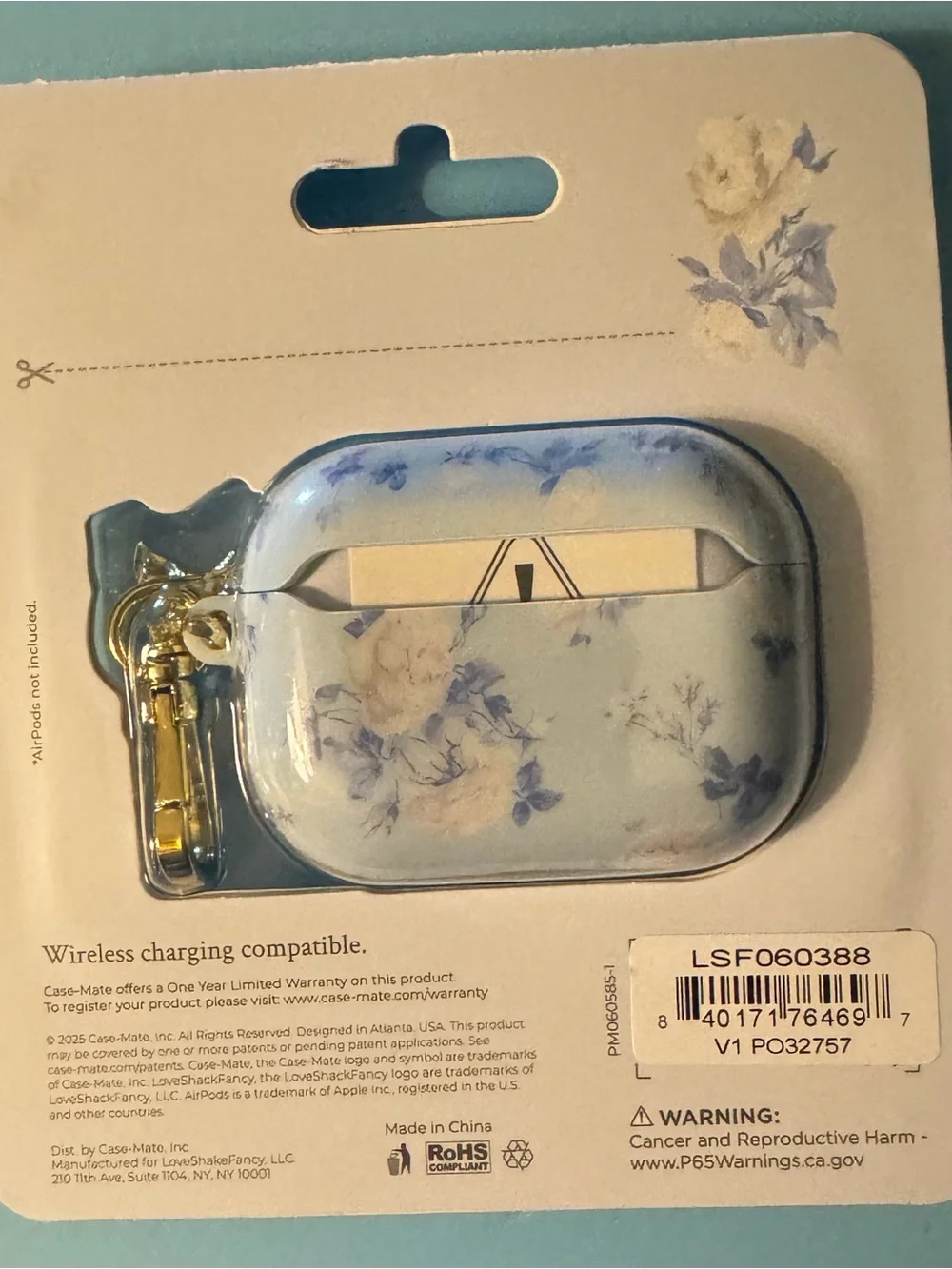 LoveShackFancy Blue and Cream Floral AirPods Pro 3 Case with Gold Charm